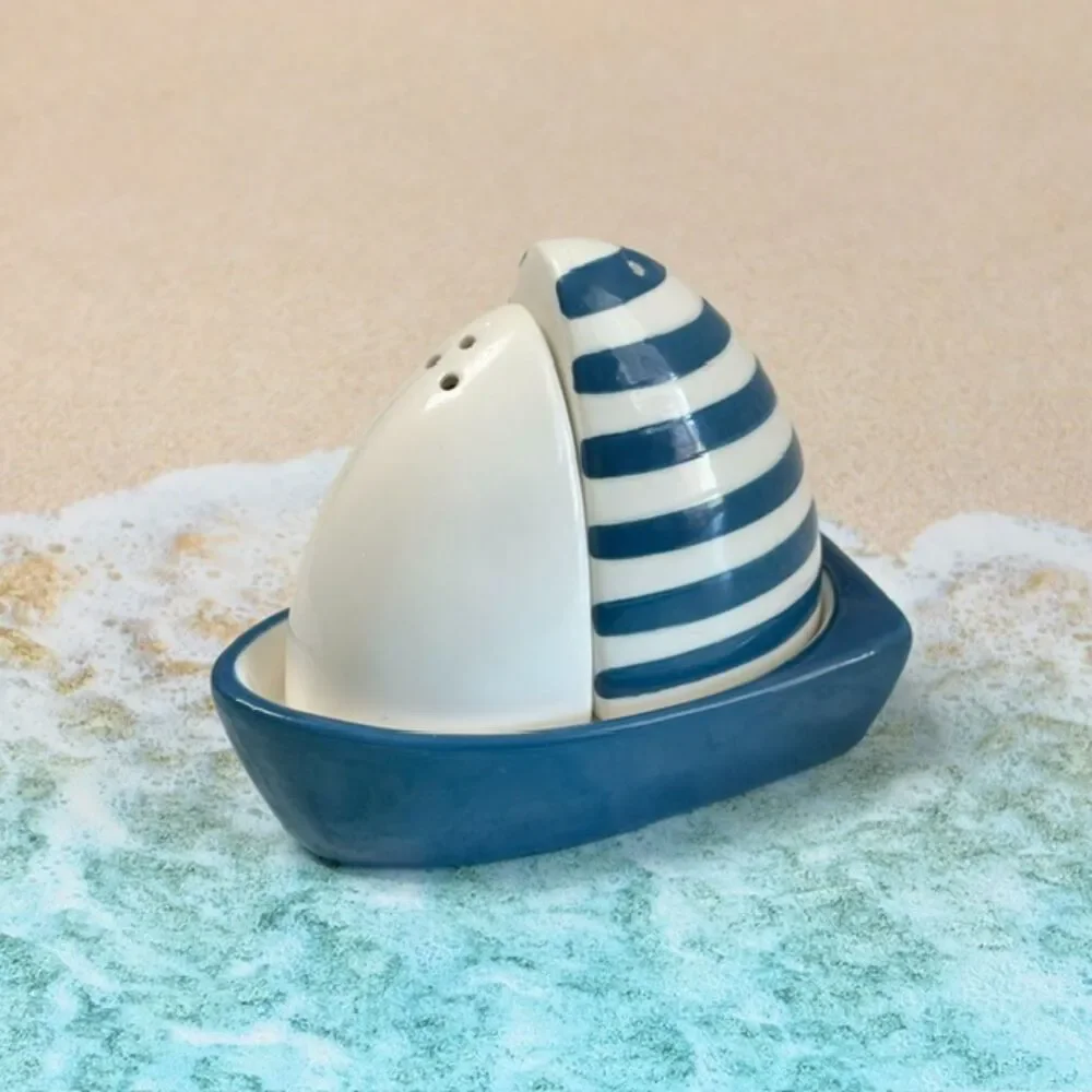 Kirkland’s Home Sailboat Salt Pepper Shaker Set Blue White Ceramic Coastal